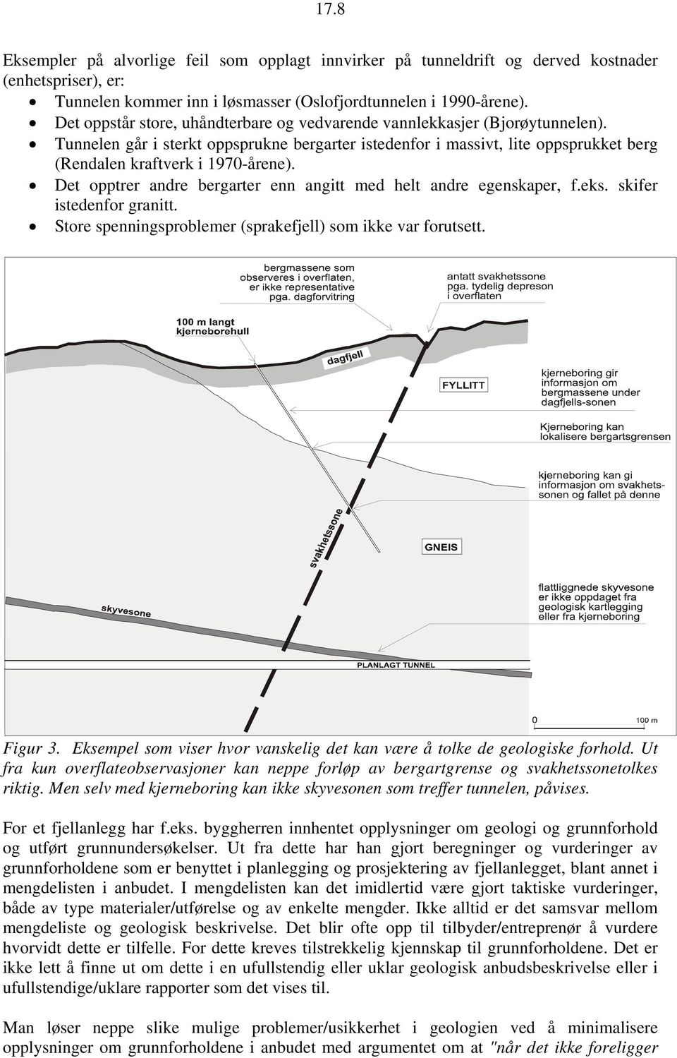 Det opptrer andre bergarter enn angitt med helt andre egenskaper, f.eks. skifer istedenfor granitt. Store spenningsproblemer (sprakefjell) som ikke var forutsett. Figur 3.