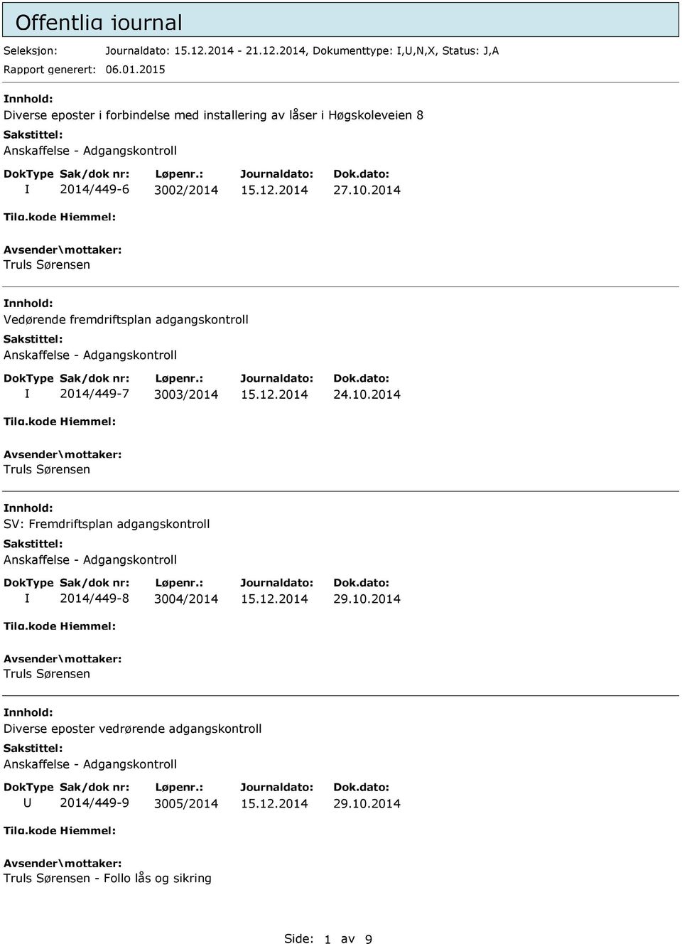 2015 Diverse eposter i forbindelse med installering av låser i Høgskoleveien 8 2014/449-6 3002/2014 27.10.