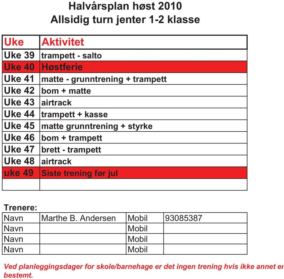 kasse 45 matte grunntrening + styrke 46 bom + trampett 47 brett -