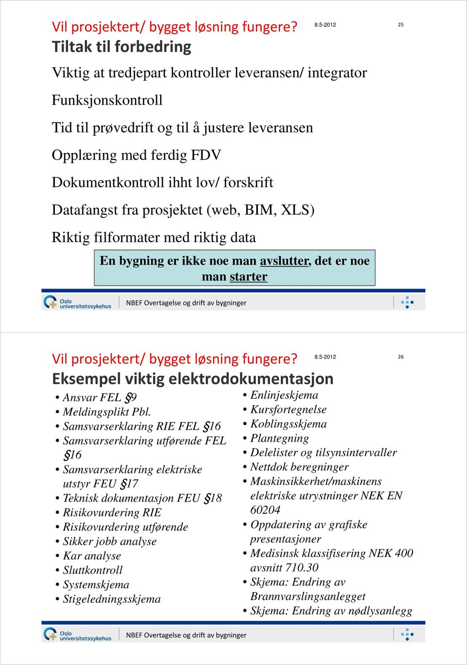 Datafangst fra prosjektet (web, BIM, XLS) Riktig filformater med riktig data En bygning er ikke noe man avslutter, det er noe man starter Vil prosjektert/ bygget løsning fungere?