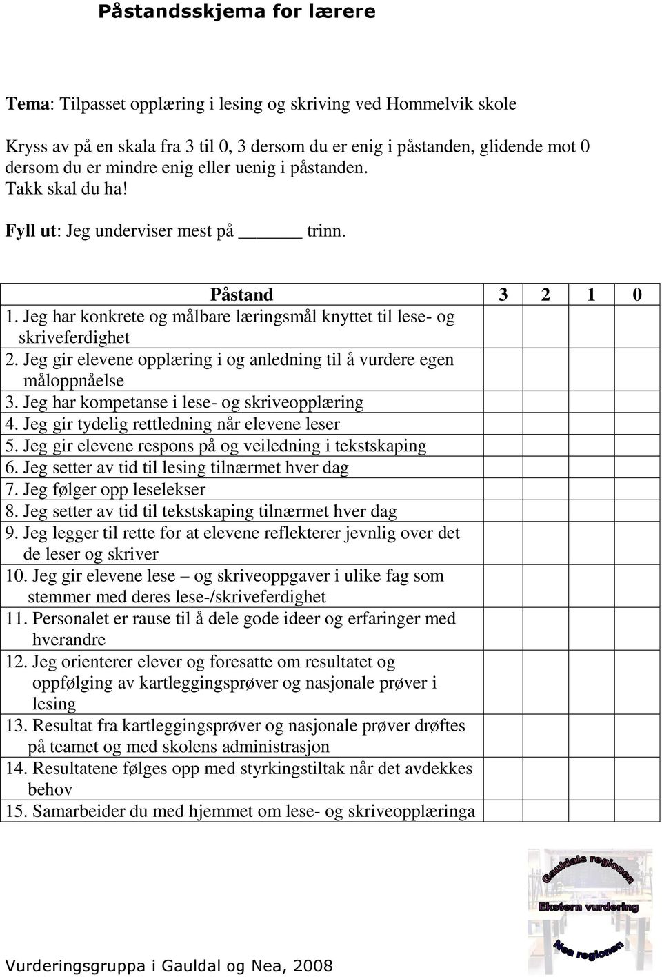 Jeg gir elevene opplæring i og anledning til å vurdere egen måloppnåelse 3. Jeg har kompetanse i lese- og skriveopplæring 4. Jeg gir tydelig rettledning når elevene leser 5.