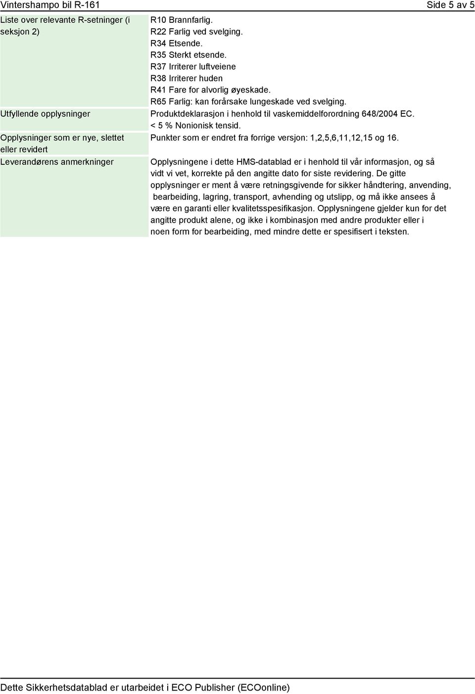 Produktdeklarasjon i henhold til vaskemiddelforordning 648/2004 EC. < 5 % Nonionisk tensid. Punkter som er endret fra forrige versjon: 1,2,5,6,11,12,15 og 16.