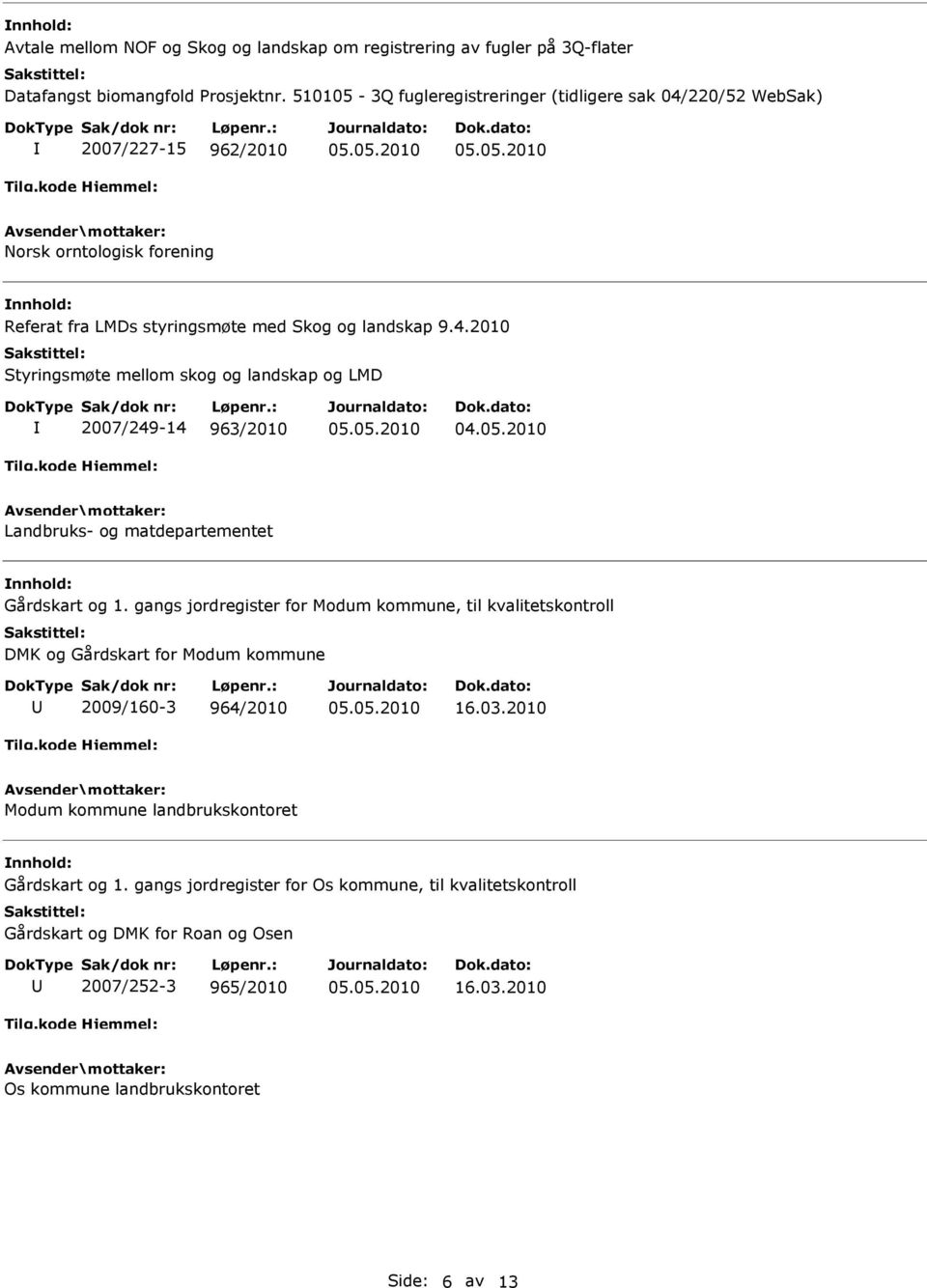 gangs jordregister for Modum kommune, til kvalitetskontroll DMK og Gårdskart for Modum kommune 2009/160-3 964/2010 16.03.2010 Modum kommune landbrukskontoret Gårdskart og 1.