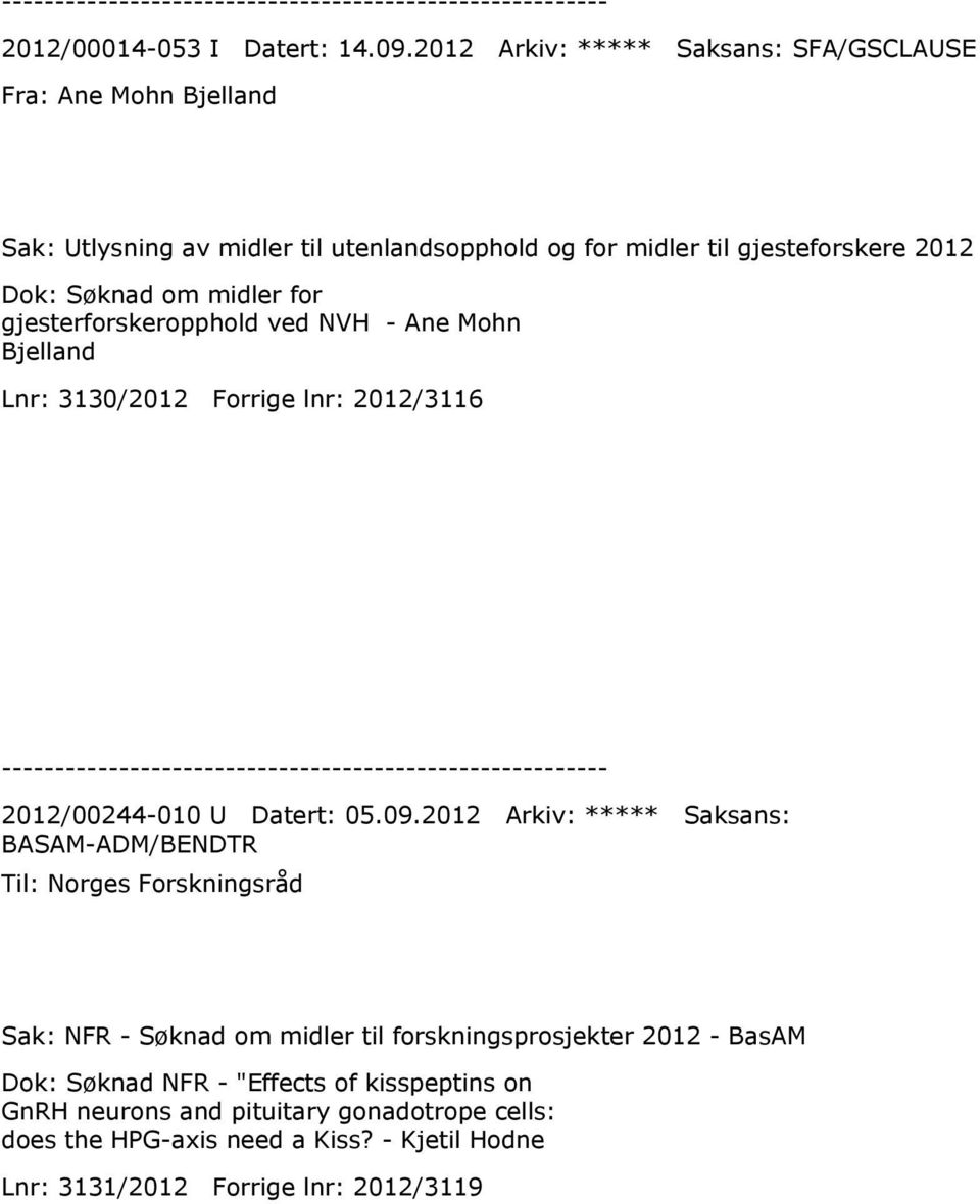 om midler for gjesterforskeropphold ved NVH - Ane Mohn Bjelland Lnr: 3130/2012 Forrige lnr: 2012/3116 2012/00244-010 U Datert: 05.09.