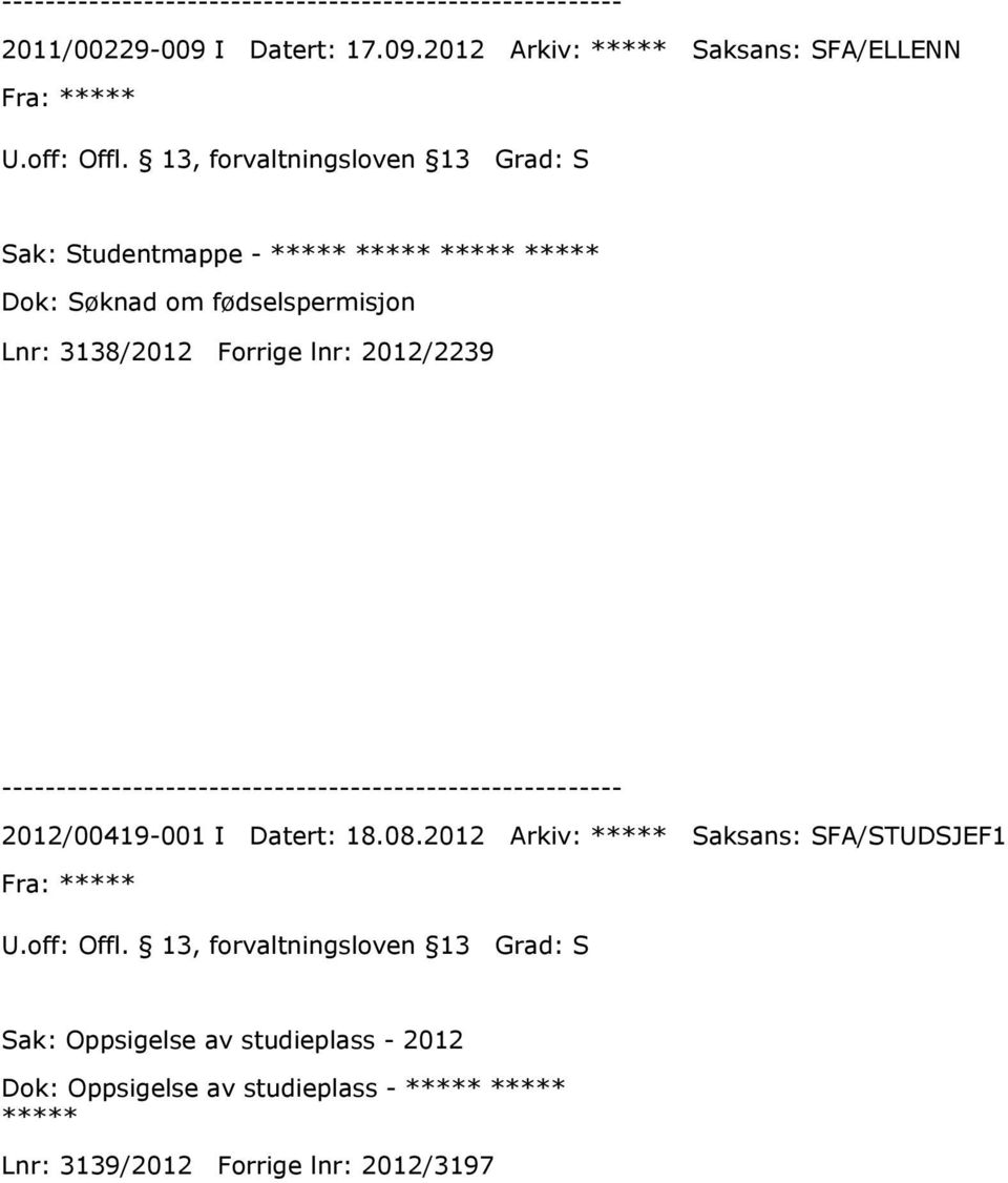 Forrige lnr: 2012/2239 2012/00419-001 I Datert: 18.08.2012 Arkiv: ***** Saksans: SFA/STUDSJEF1 Fra: ***** U.off: Offl.