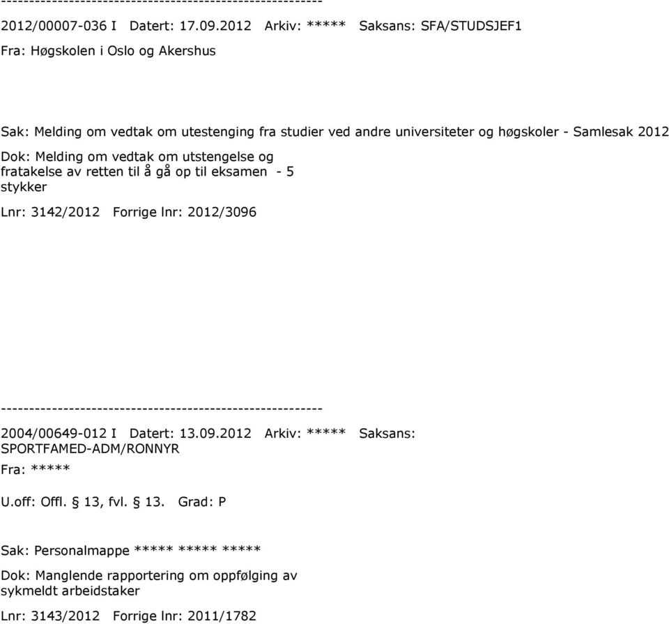 høgskoler - Samlesak 2012 Dok: Melding om vedtak om utstengelse og fratakelse av retten til å gå op til eksamen - 5 stykker Lnr: 3142/2012 Forrige lnr: