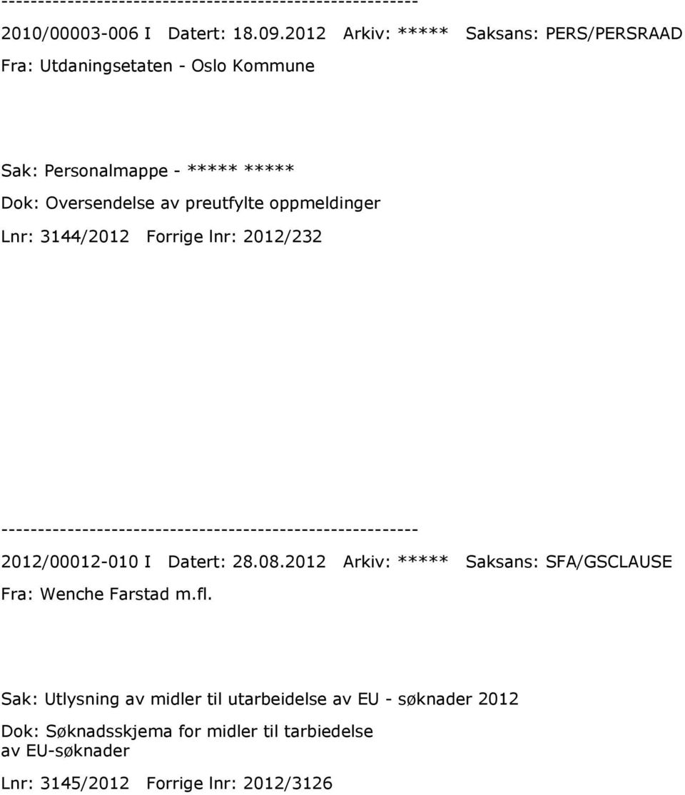 Oversendelse av preutfylte oppmeldinger Lnr: 3144/2012 Forrige lnr: 2012/232 2012/00012-010 I Datert: 28.08.