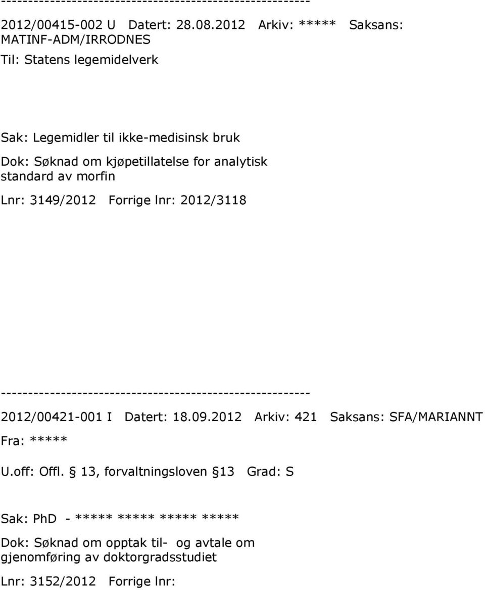 om kjøpetillatelse for analytisk standard av morfin Lnr: 3149/2012 Forrige lnr: 2012/3118 2012/00421-001 I Datert: 18.09.