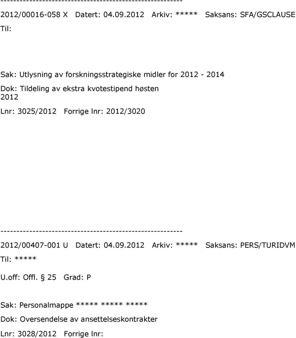 Dok: Tildeling av ekstra kvotestipend høsten 2012 Lnr: 3025/2012 Forrige lnr: 2012/3020 2012/00407-001 U