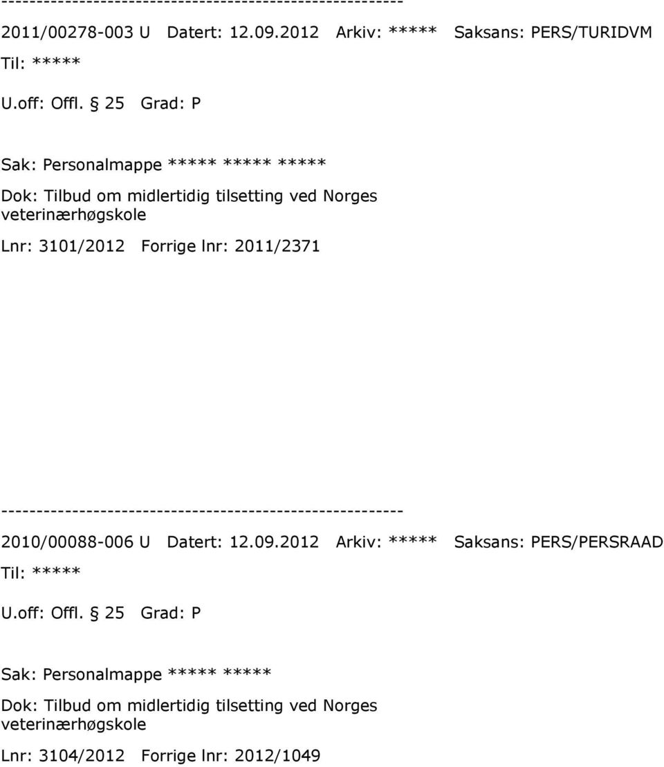 Lnr: 3101/2012 Forrige lnr: 2011/2371 2010/00088-006 U Datert: 12.09.2012 Arkiv: ***** Saksans: PERS/PERSRAAD U.