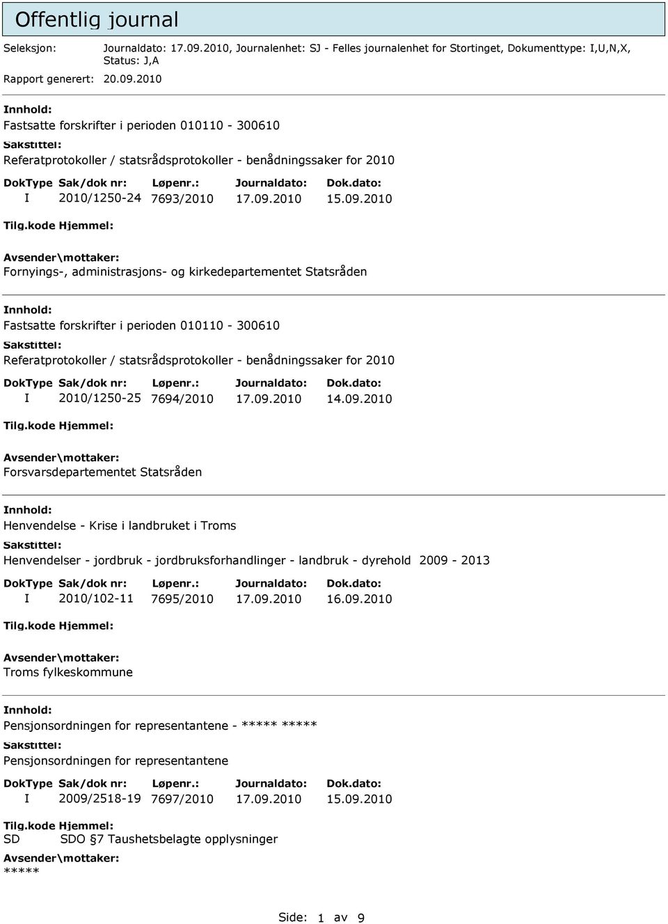 2010 Fornyings-, administrasjons- og kirkedepartementet Statsråden Fastsatte forskrifter i perioden 010110-300610 Referatprotokoller / statsrådsprotokoller - benådningssaker for 2010 2010/1250-25