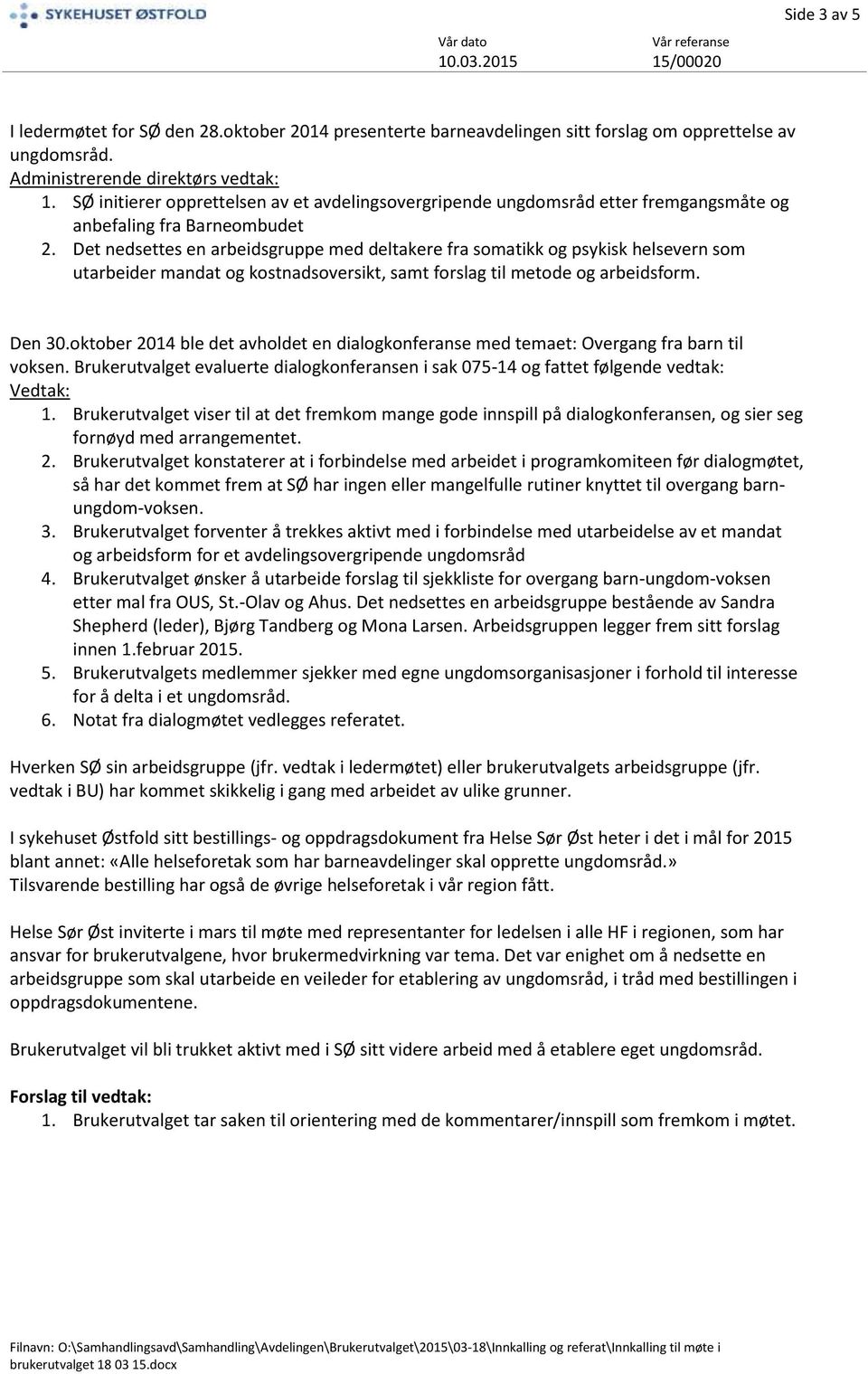 Det nedsettes en arbeidsgruppe med deltakere fra somatikk og psykisk helsevern som utarbeider mandat og kostnadsoversikt, samt forslag til metode og arbeidsform. Den 30.