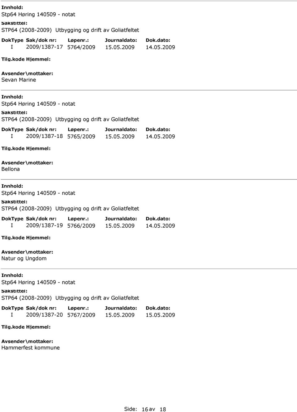 Høring 140509 - notat STP64 (2008-2009) tbygging og drift av Goliatfeltet 2009/1387-19 5766/2009 Natur og ngdom Stp64