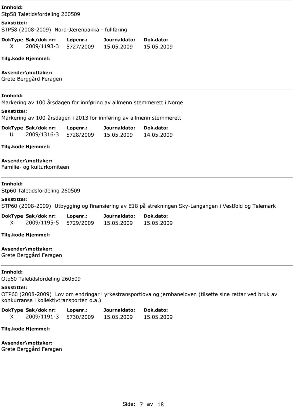 (2008-2009) tbygging og finansiering av E18 på strekningen Sky-Langangen i Vestfold og Telemark 2009/1195-5 5729/2009 Grete Berggård Feragen Otp60 Taletidsfordeling 260509 OTP60