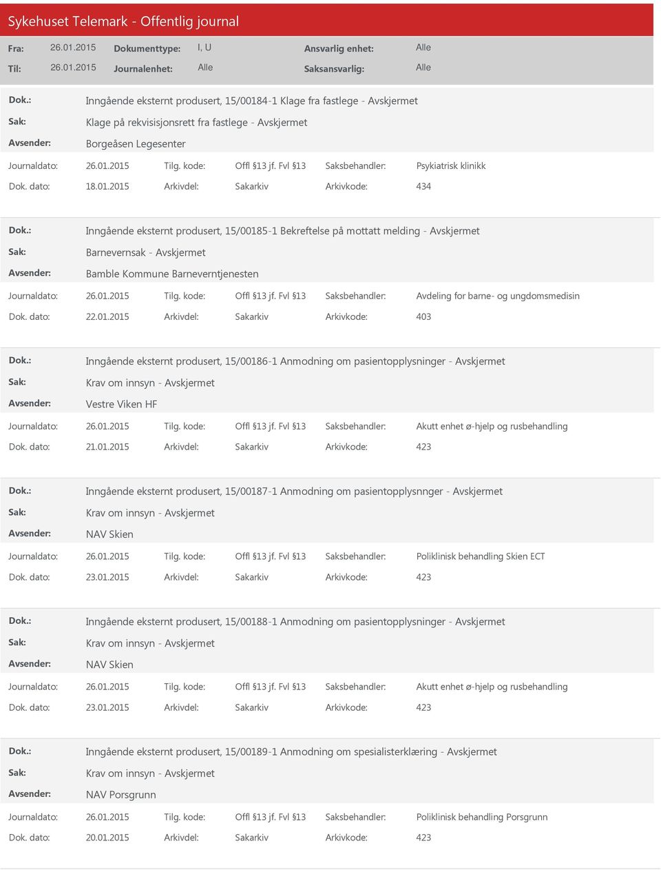 2015 Arkivdel: Sakarkiv Arkivkode: 434 5-1 Bekreftelse på mottatt melding - Barnevernsak - Bamble Kommune Barneverntjenesten Avdeling for barne- og ungdomsmedisin Arkivkode: 403 6-1 Anmodning om