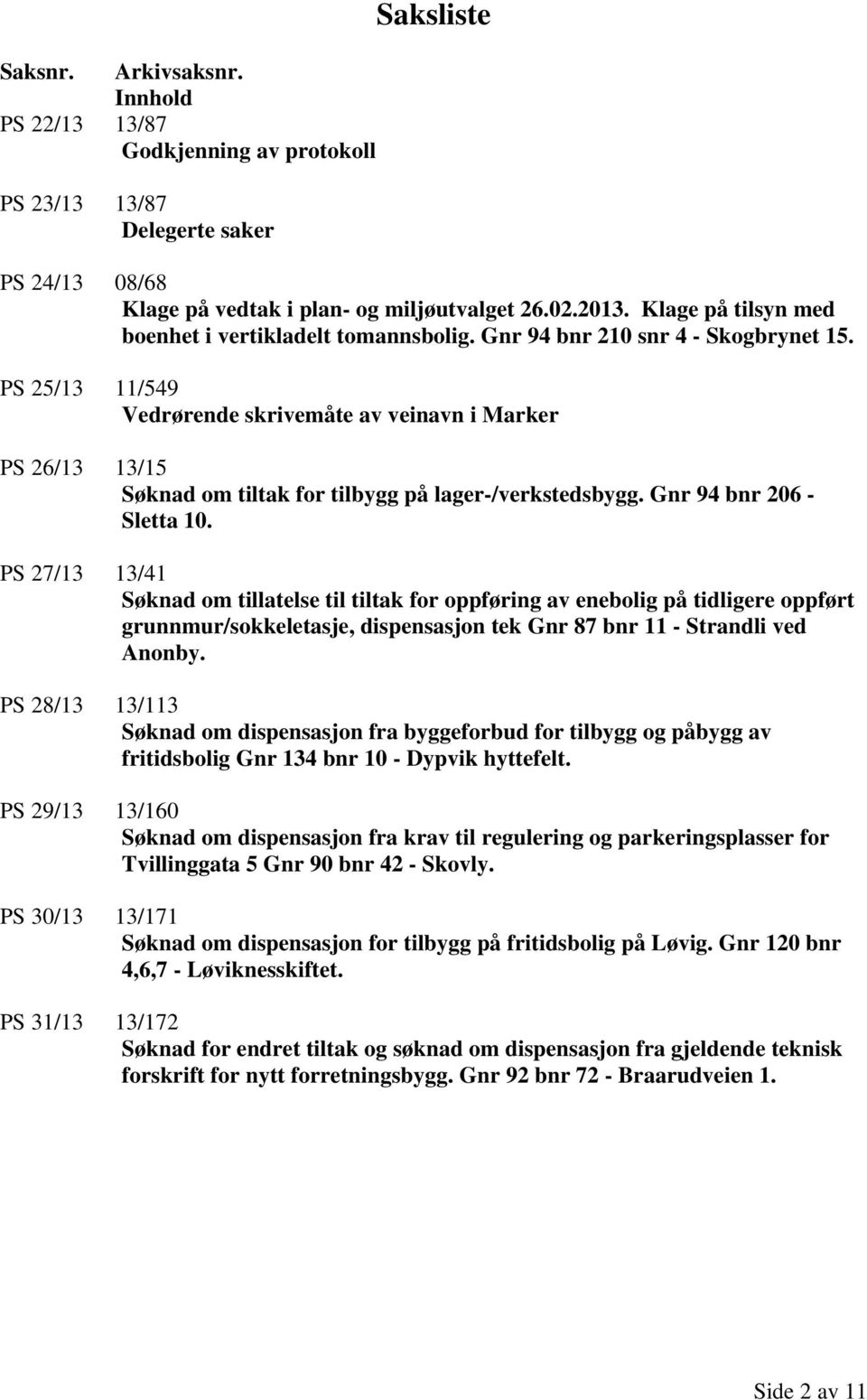 PS 25/13 11/549 Vedrørende skrivemåte av veinavn i Marker PS 26/13 13/15 Søknad om tiltak for tilbygg på lager-/verkstedsbygg. Gnr 94 bnr 206 - Sletta 10.