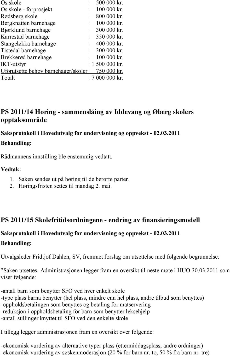 Totalt : 7 000 000 kr. 2011/14 Høring - sammenslåing av Iddevang og Øberg skolers opptaksområde Rådmannens innstilling ble enstemmig vedtatt. 1. Saken sendes ut på høring til de berørte parter. 2. Høringsfristen settes til mandag 2.