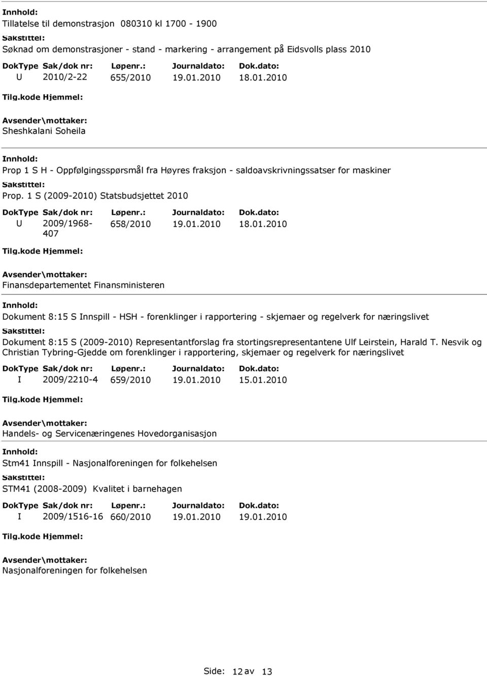 : 658/2010 Finansdepartementet Finansministeren Dokument 8:15 S nnspill - HSH - forenklinger i rapportering - skjemaer og regelverk for næringslivet Dokument 8:15 S (2009-2010) Representantforslag