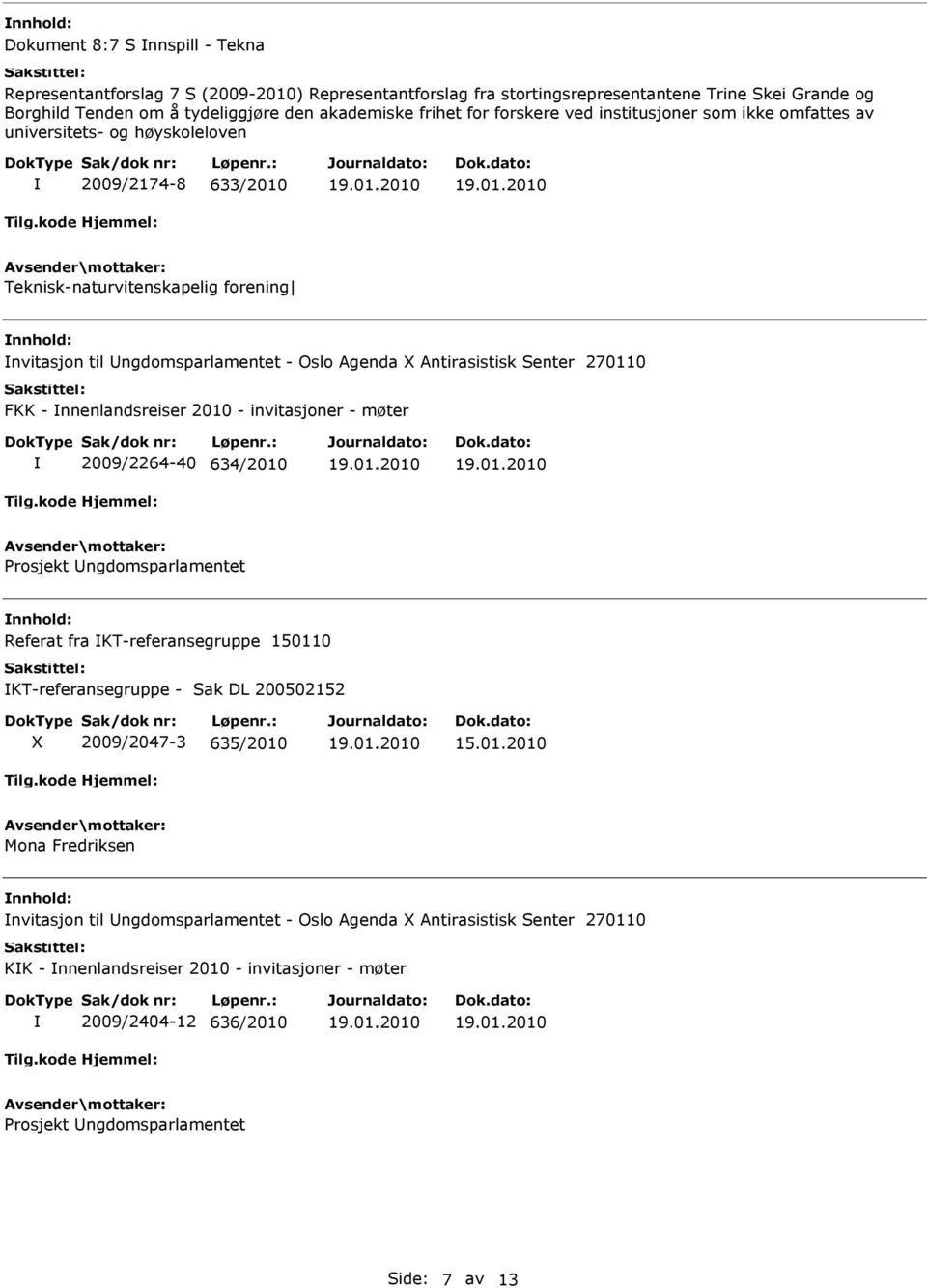 Senter 270110 FKK - nnenlandsreiser 2010 - invitasjoner - møter 2009/2264-40 634/2010 Prosjekt ngdomsparlamentet Referat fra KT-referansegruppe 150110 KT-referansegruppe - Sak DL 200502152 X