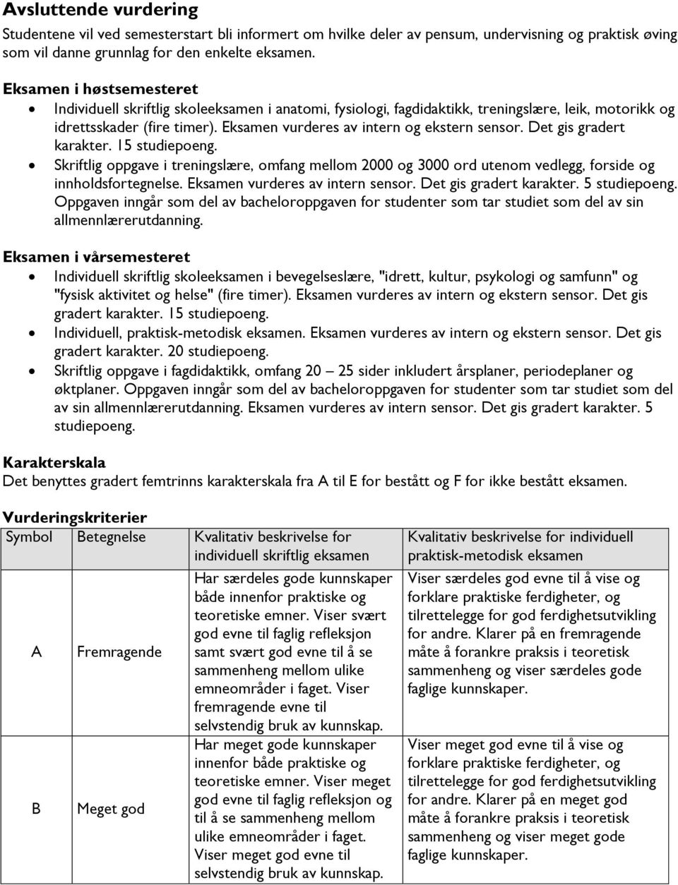 Eksamen vurderes av intern og ekstern sensor. Det gis gradert karakter. 15 studiepoeng. Skriftlig oppgave i treningslære, omfang mellom 2000 og 3000 ord utenom vedlegg, forside og innholdsfortegnelse.