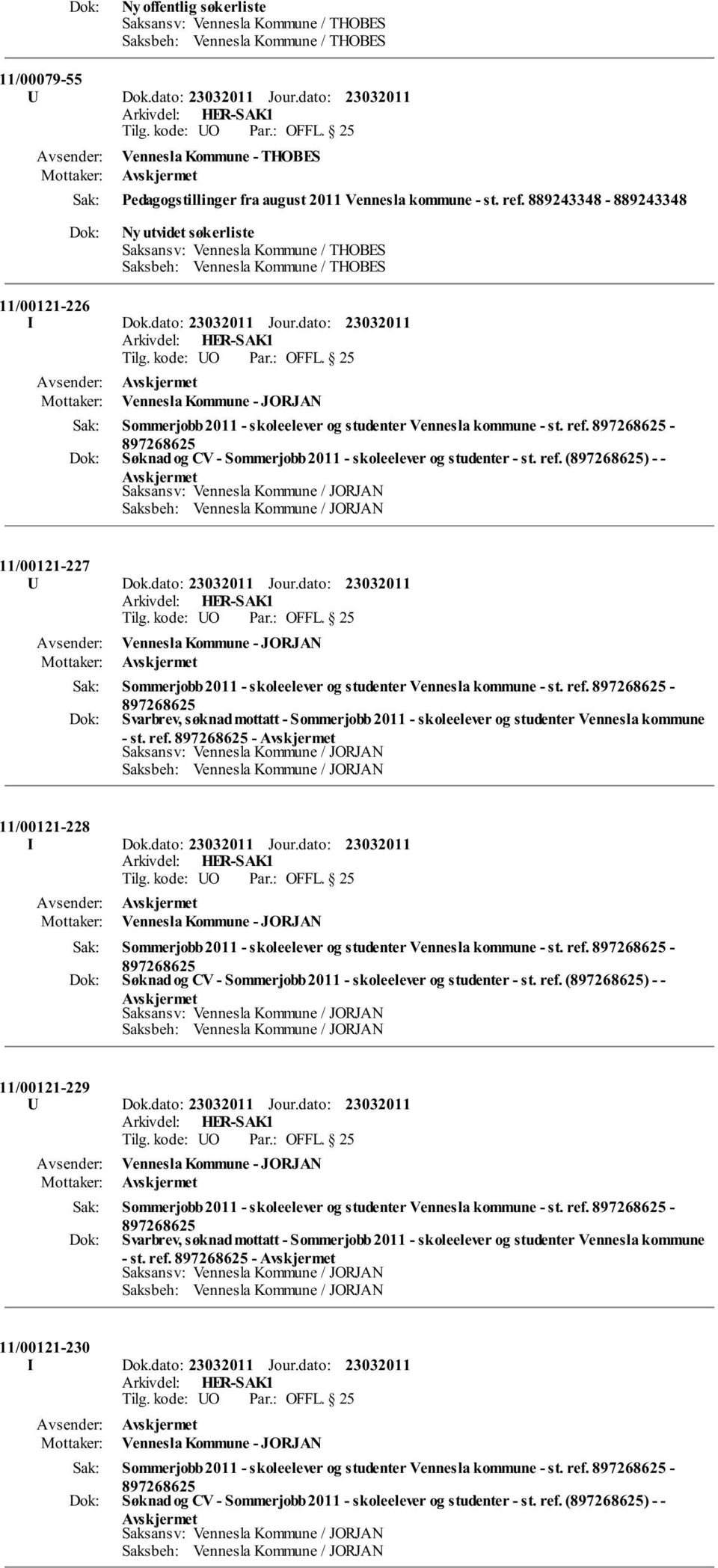 889243348-889243348 Ny utvidet søkerliste Saksansv: Vennesla Kommune / THOBES Saksbeh: Vennesla Kommune / THOBES 11/00121-226 I Dok.dato: Jour.