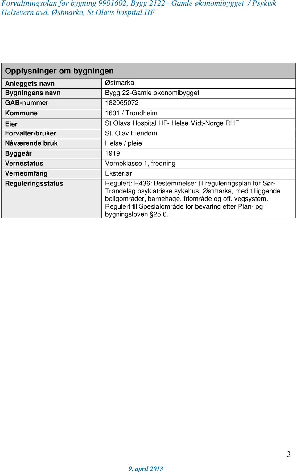 Olav Eiendom Nåværende bruk Helse / pleie Byggeår 1919 Vernestatus Verneklasse 1, fredning Verneomfang Eksteriør Reguleringsstatus Regulert: R436: