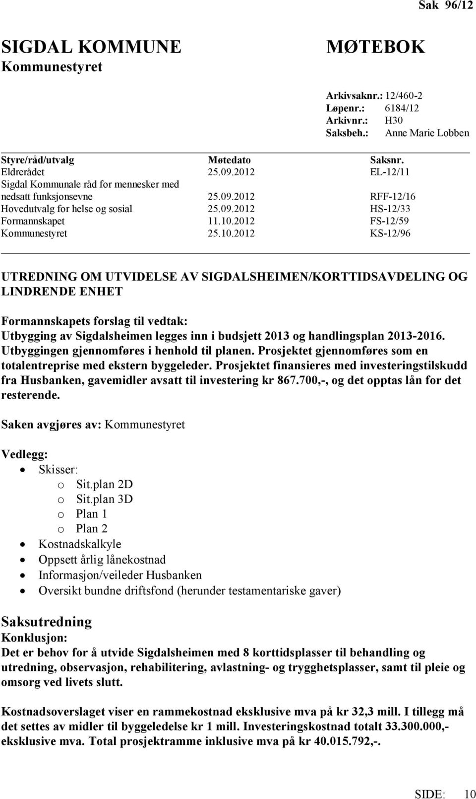 10.2012 KS-12/96 UTREDNING OM UTVIDELSE AV SIGDALSHEIMEN/KORTTIDSAVDELING OG LINDRENDE ENHET Formannskapets forslag til vedtak: Utbygging av Sigdalsheimen legges inn i budsjett 2013 og handlingsplan