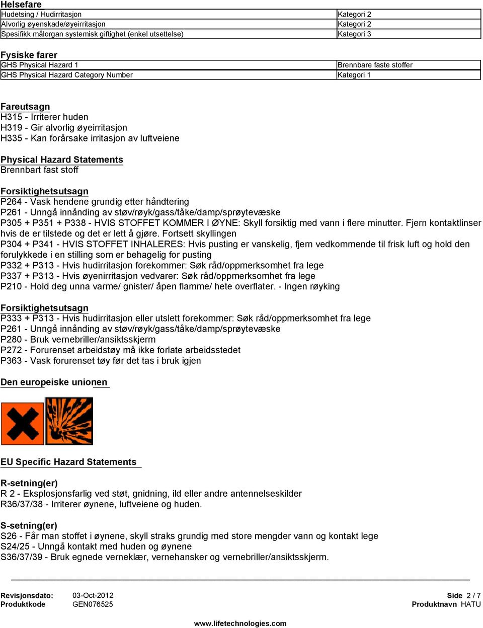 Hazard Statements Brennbart fast stoff Forsiktighetsutsagn P264 - Vask hendene grundig etter håndtering P261 - Unngå innånding av støv/røyk/gass/tåke/damp/sprøytevæske P305 + P351 + P338 - HVIS