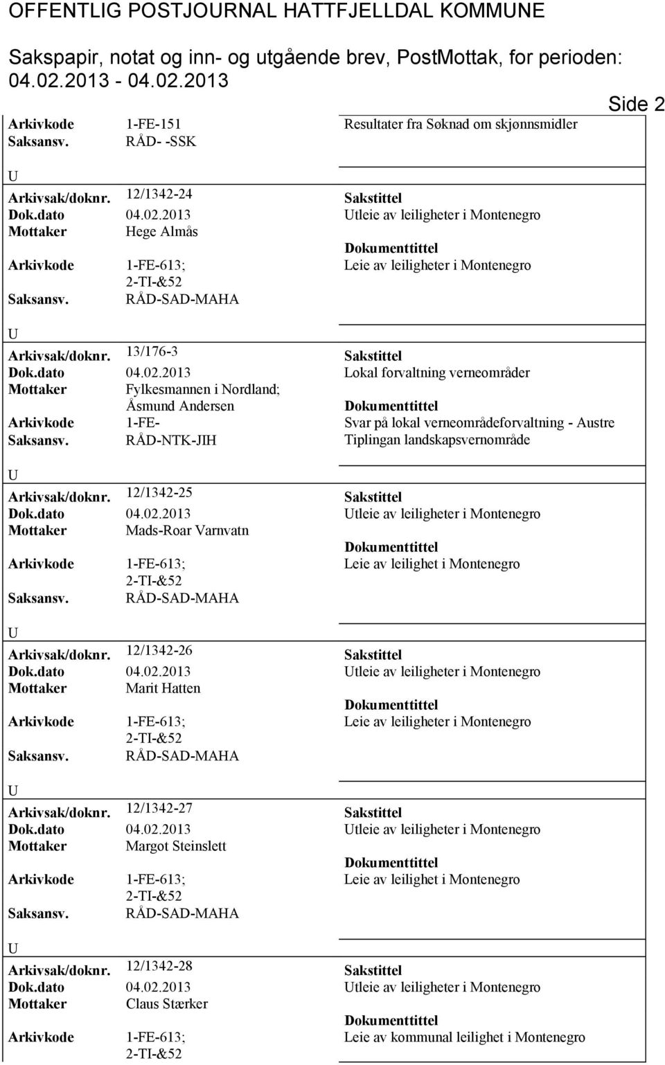 2013 Lokal forvaltning verneområder Mottaker Fylkesmannen i Nordland; Åsmund Andersen Arkivkode 1-FE- Svar på lokal verneområdeforvaltning - Austre RÅD-NTK-JH Tiplingan landskapsvernområde