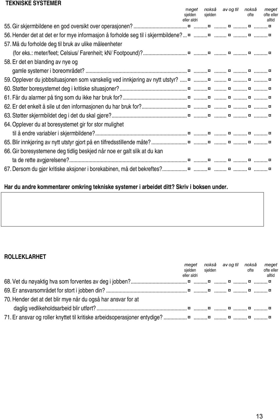 Opplever du jobbsituasjonen som vanskelig ved innkjøring av nytt utstyr?............... 60. Støtter boresystemet deg i kritiske situasjoner?............... 61.