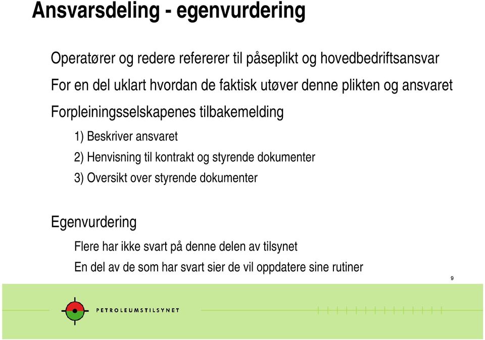 ansvaret 2) Henvisning til kontrakt og styrende dokumenter 3) Oversikt over styrende dokumenter Egenvurdering