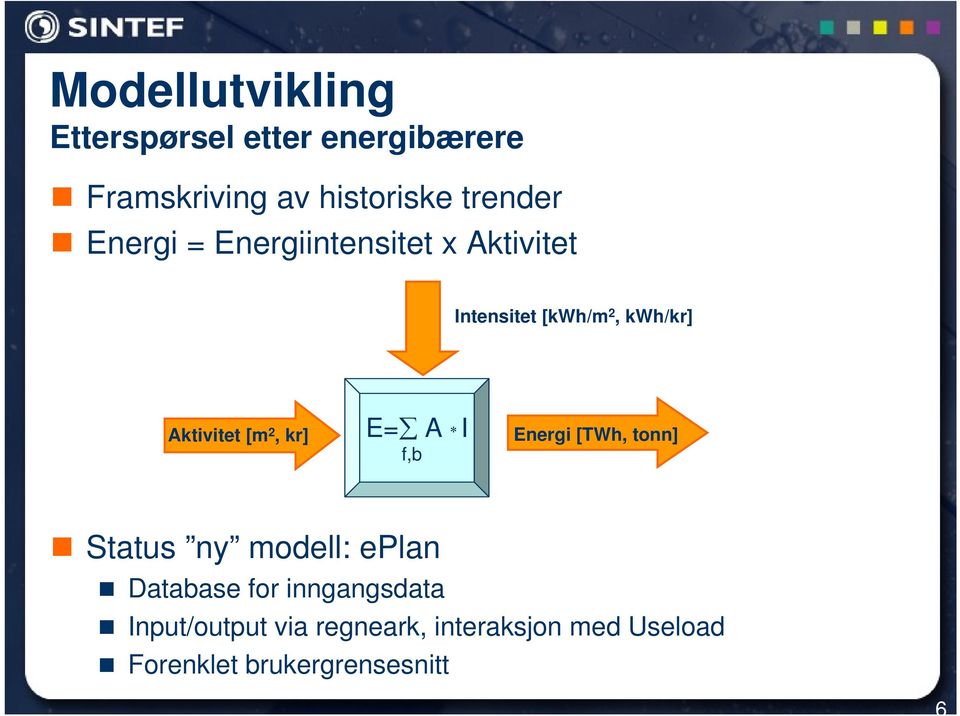 Aktivitet [m 2, kr] E= A I f,b Energi [TWh, tonn] Status ny modell: eplan