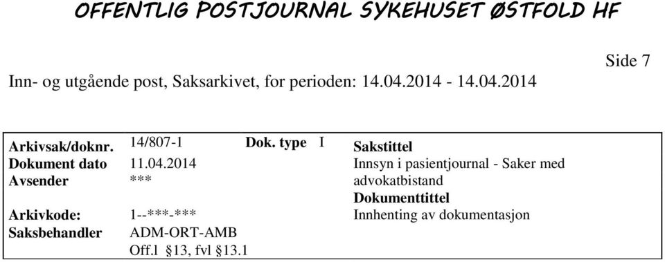 type I Sakstittel Dokument dato