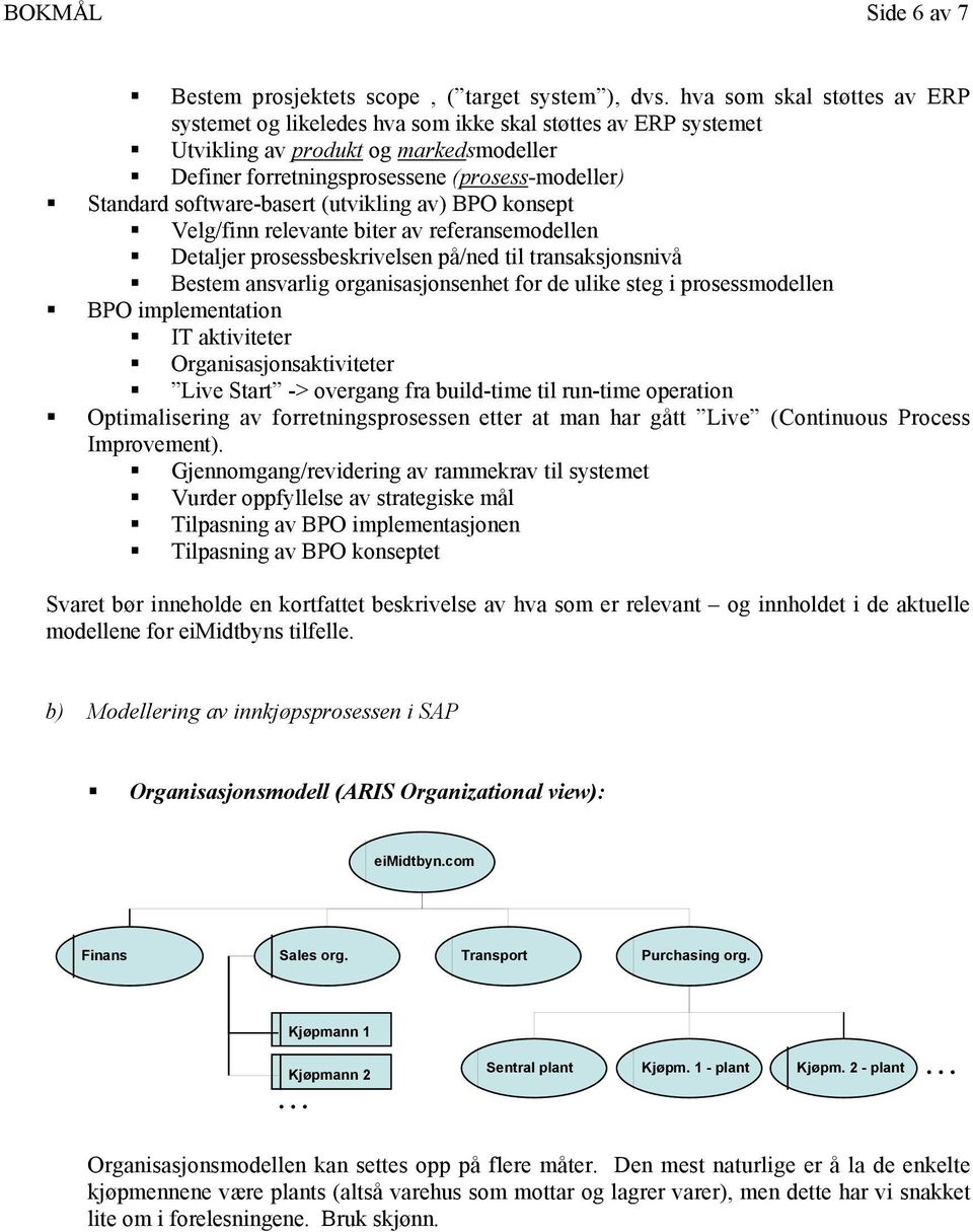 software-basert (utvikling av) BPO konsept Velg/finn relevante biter av referansemodellen Detaljer prosessbeskrivelsen på/ned til transaksjonsnivå Bestem ansvarlig organisasjonsenhet for de ulike