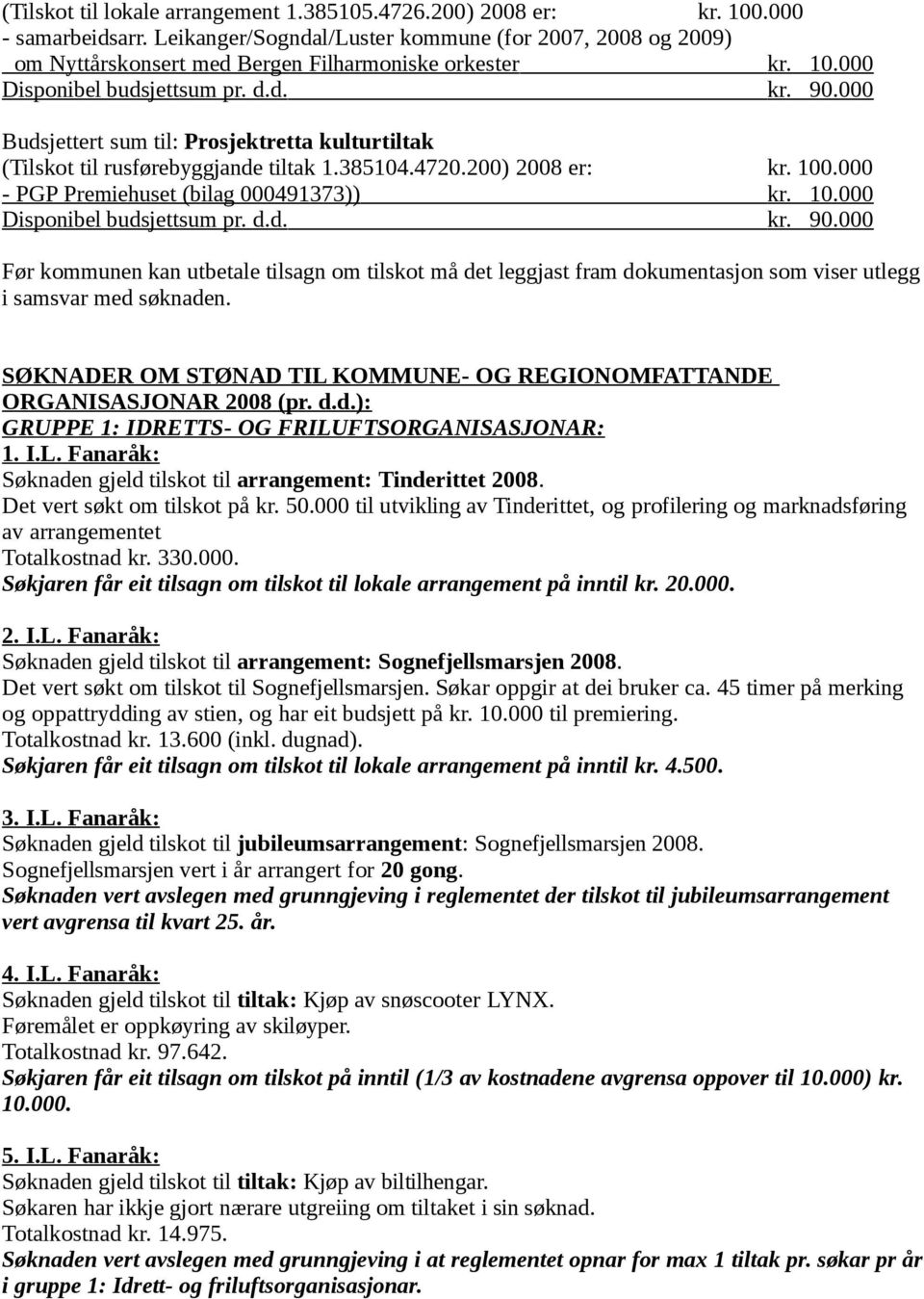 000 Budsjettert sum til: Prosjektretta kulturtiltak (Tilskot til rusførebyggjande tiltak 1.385104.4720.200) 2008 er: kr. 100.000 - PGP Premiehuset (bilag 000491373)) kr. 10.000 Disponibel budsjettsum pr.