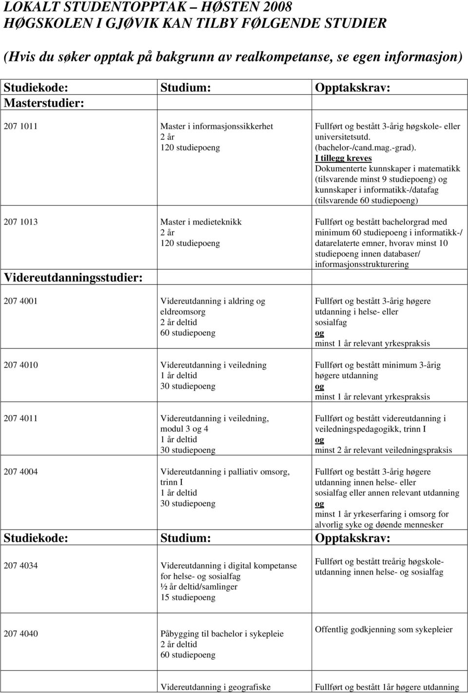 eldreomsorg 2 år deltid 207 4010 Videreutdanning i veiledning 1 år deltid 30 studiepoeng 207 4011 Videreutdanning i veiledning, modul 3 og 4 1 år deltid 30 studiepoeng Fullført og bestått 3-årig