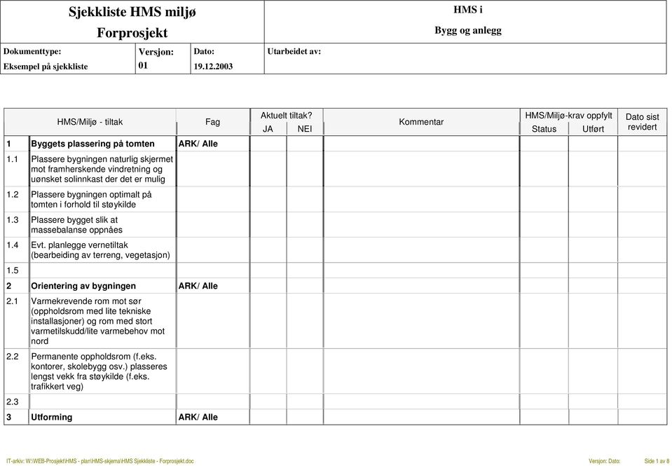 3 Plassere bygget slik at massebalanse oppnåes 1.4 Evt. planlegge vernetiltak (bearbeiding av terreng, vegetasjon) 1.5 2 Orientering av bygningen ARK/ Alle 2.