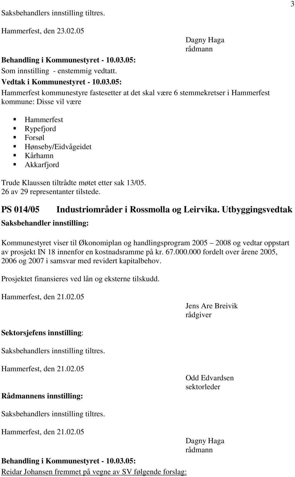 møtet etter sak 13/05. 26 av 29 representanter tilstede. PS 014/05 Industriområder i Rossmolla og Leirvika.