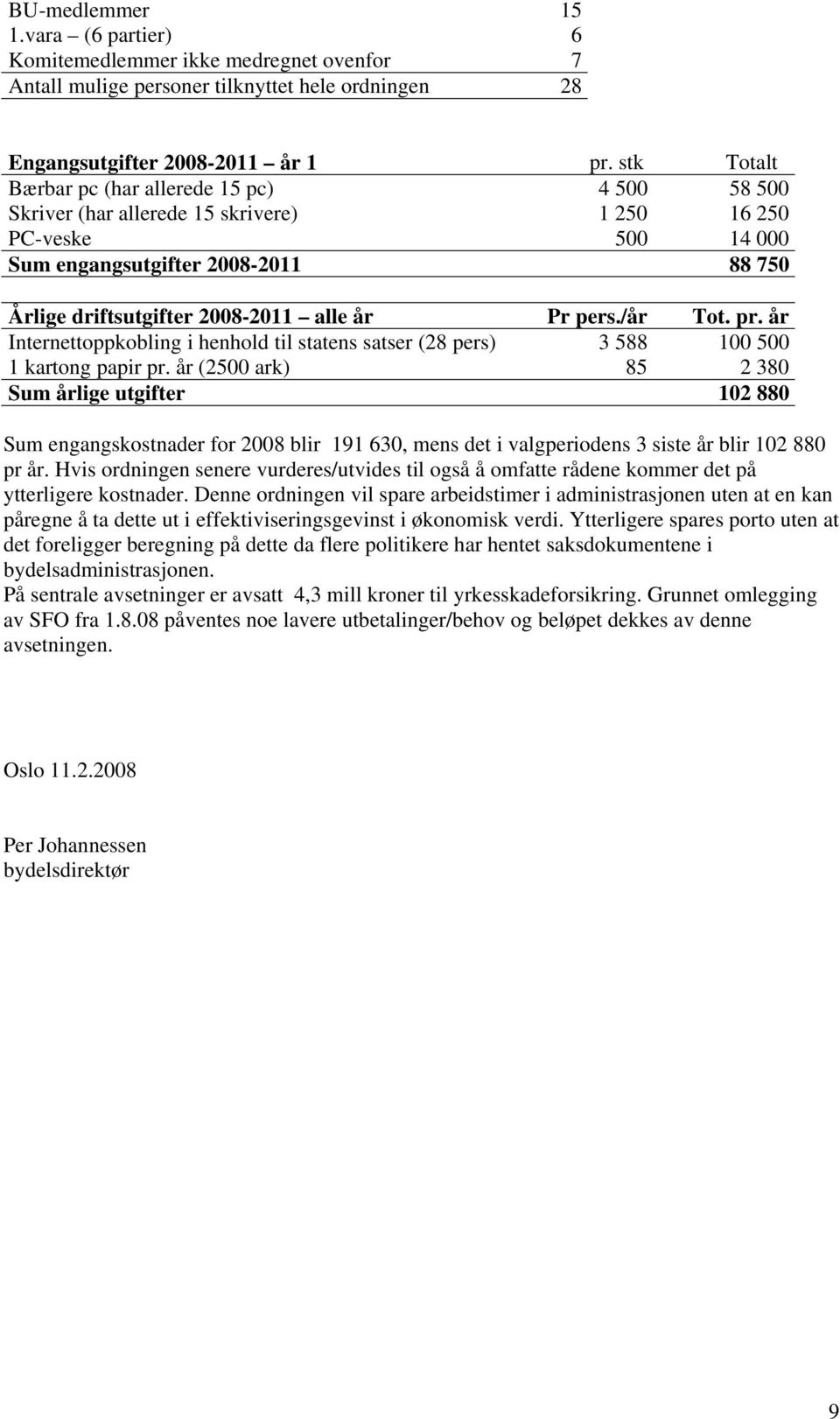 Pr pers./år Tot. pr. år Internettoppkobling i henhold til statens satser (28 pers) 3 588 100 500 1 kartong papir pr.