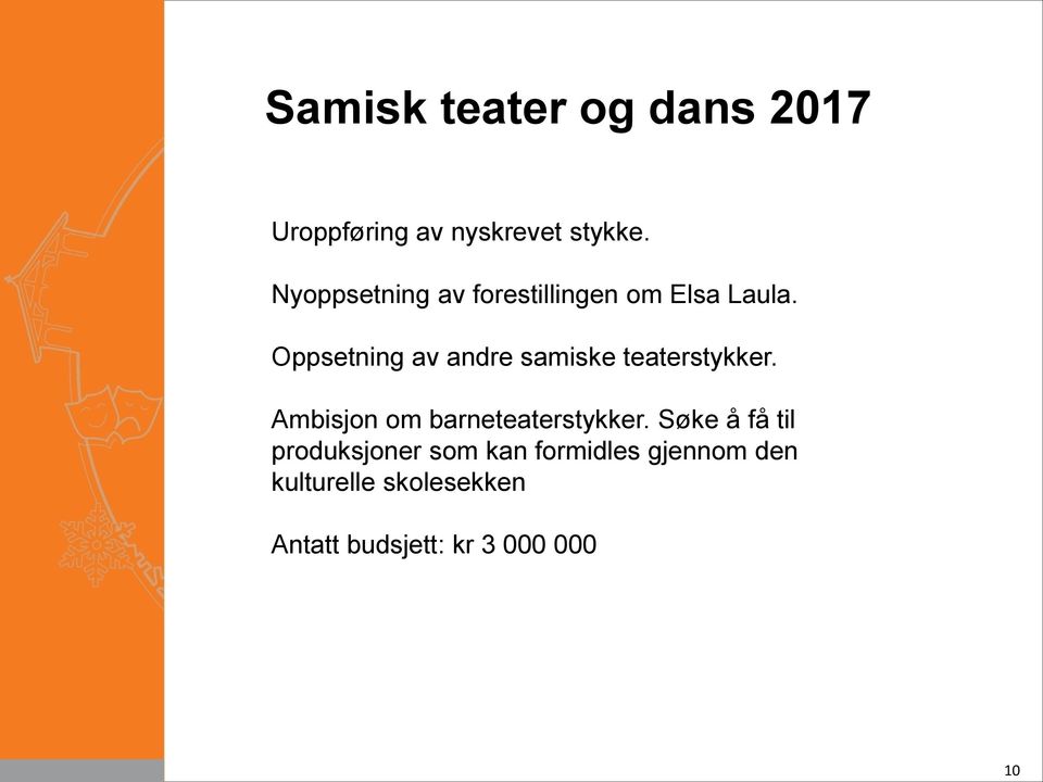 Oppsetning av andre samiske teaterstykker. Ambisjon om barneteaterstykker.