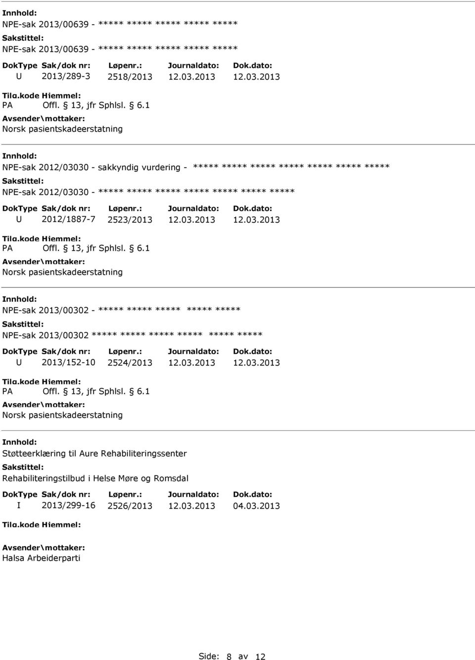 2523/2013 NE-sak 2013/00302 - ***** ***** ***** ***** ***** NE-sak 2013/00302 ***** ***** ***** ***** ***** ***** 2013/152-10 2524/2013