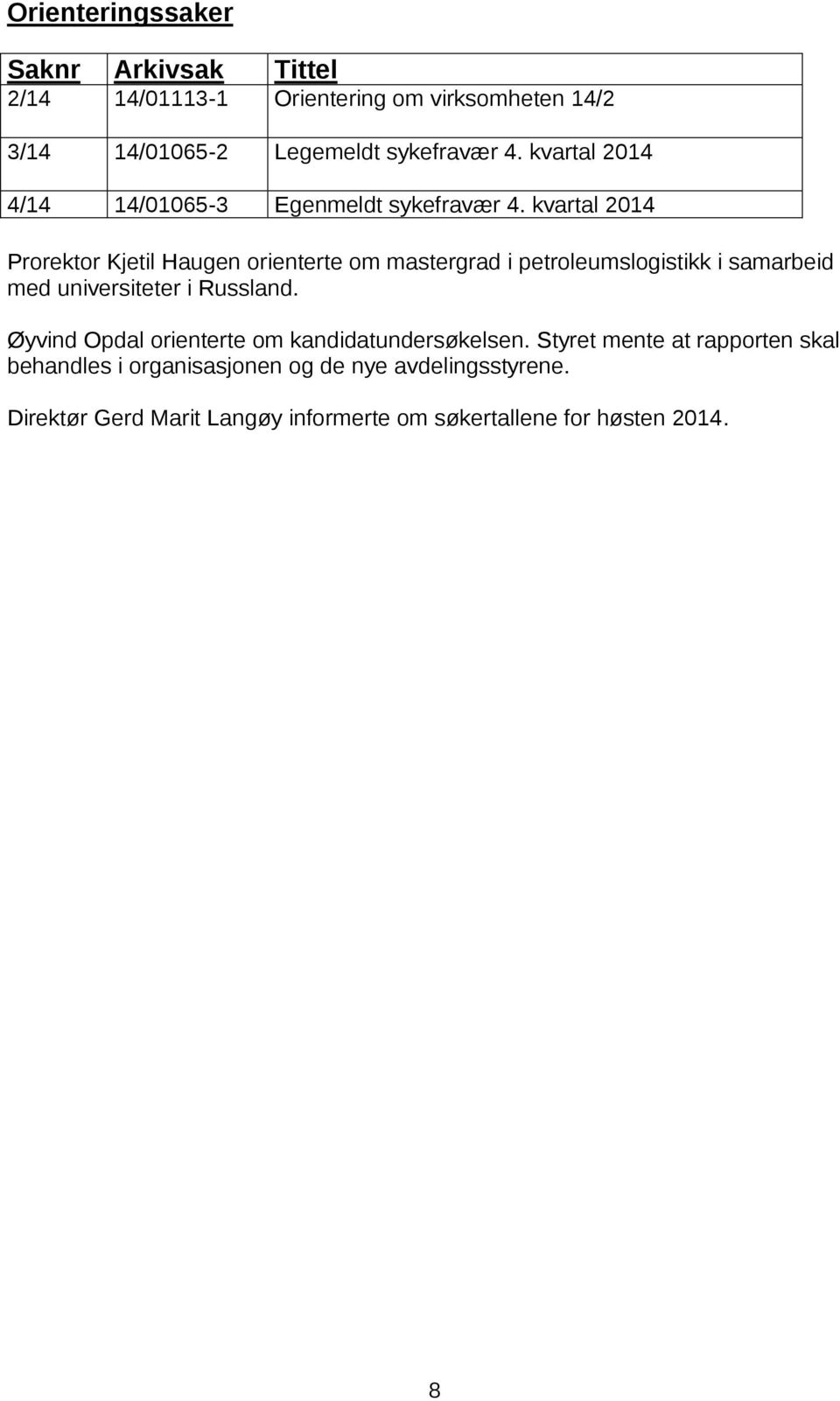 kvartal 2014 Prorektor Kjetil Haugen orienterte om mastergrad i petroleumslogistikk i samarbeid med universiteter i Russland.