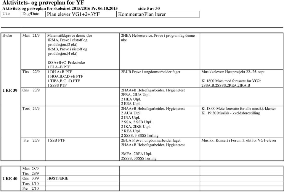 Hygienetest 2FRA, 2IUA Utpl. Tors 24/9 2HAA+B Helsefagarbeider. Hygienetest Fre 25/9 1 SSB PTF 2BUA Prøve i ungdomsarbeider faget 2HAA+B Helsefagarbeider. Hygienetest Musikkelever: Høstprosjekt 22.