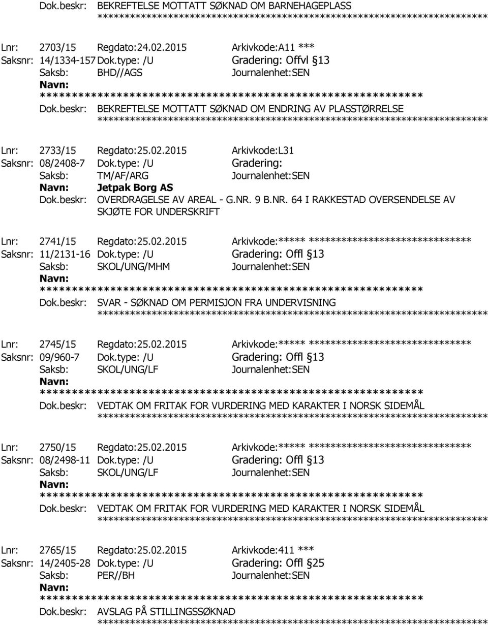 beskr: OVERDRAGELSE AV AREAL - G.NR. 9 B.NR. 64 I RAKKESTAD OVERSENDELSE AV SKJØTE FOR UNDERSKRIFT ************ Lnr: 2741/15 Regdato:25.02.