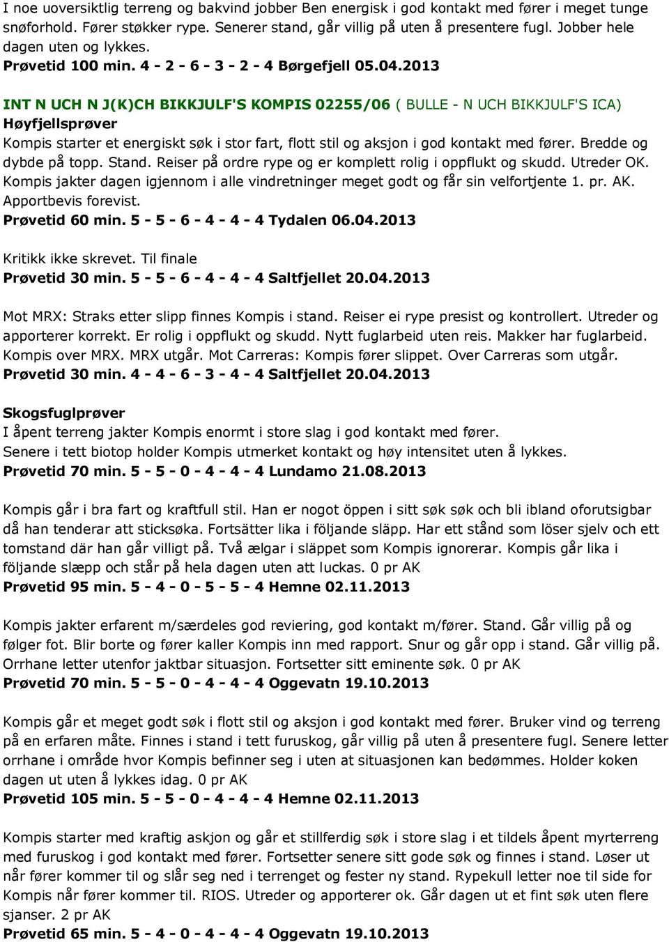 2013 INT N UCH N J(K)CH BIKKJULF'S KOMPIS 02255/06 ( BULLE - N UCH BIKKJULF'S ICA) Kompis starter et energiskt søk i stor fart, flott stil og aksjon i god kontakt med fører. Bredde og dybde på topp.