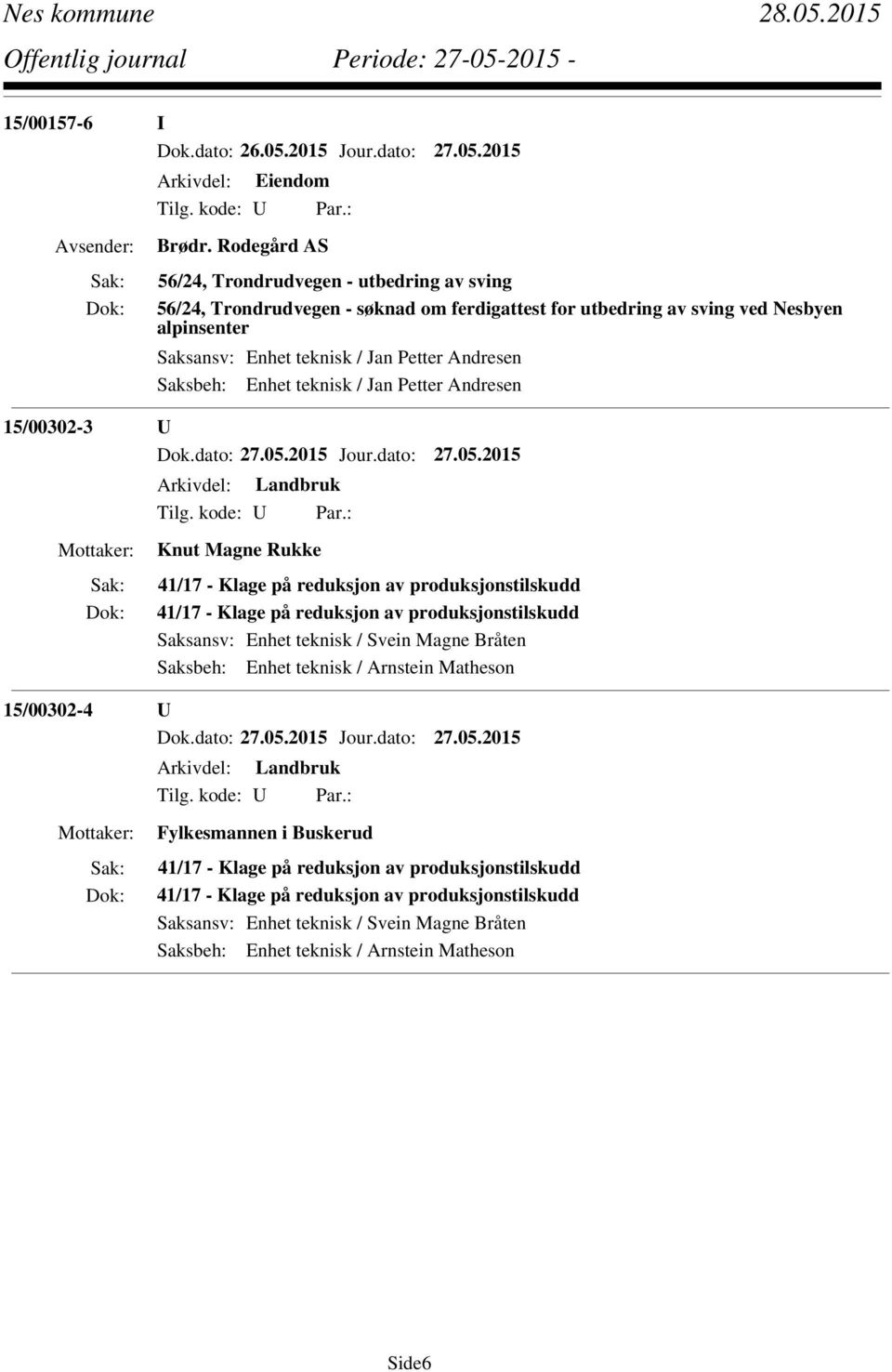 Arkivdel: Landbruk Knut Magne Rukke 41/17 - Klage på reduksjon av produksjonstilskudd 41/17 - Klage på reduksjon av produksjonstilskudd Saksansv: Enhet teknisk /