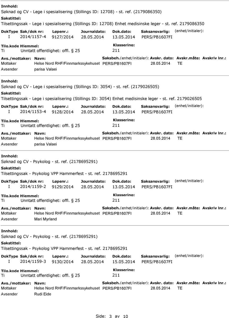 ref. (2179026505) lsettingssak - Lege i spesialisering (Stillings D: 3054) Enhet medisinske leger - st. ref. 2179026505 2014/1153-4 9128/2014 13.05.2014 Avs./mottaker: Navn: Saksbeh. Avskr.