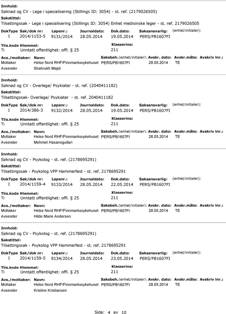 (2040411182) lsettingssak- Overlege/ Psykiater - st. ref. 2040411182 2014/386-3 9132/2014 19.05.2014 Avs./mottaker: Navn: Saksbeh. Avskr. dato: Avskr.måte: Avskriv lnr.