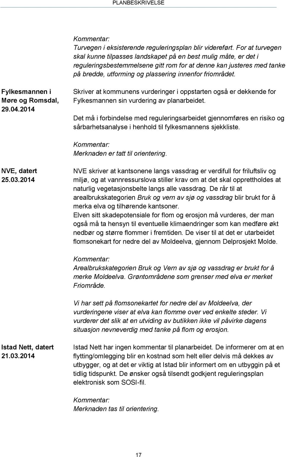 friområdet. Fylkesmannen i Møre og Romsdal, 29.04.2014 Skriver at kommunens vurderinger i oppstarten også er dekkende for Fylkesmannen sin vurdering av planarbeidet.