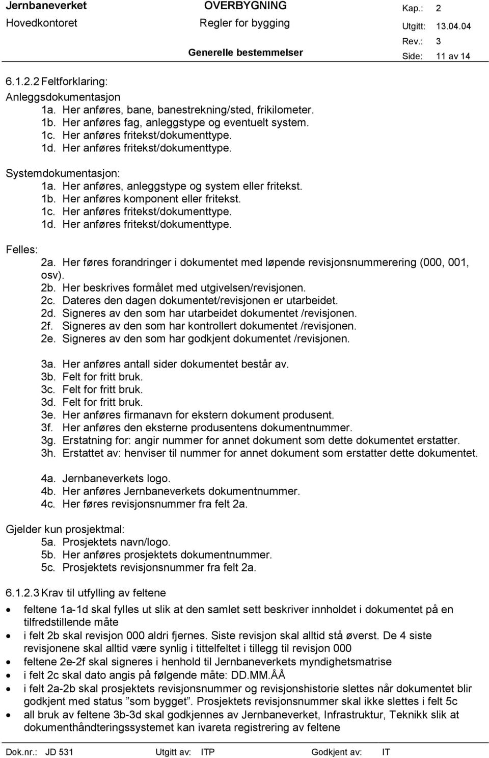 Her anføres fritekst/dokumenttype. 1d. Her anføres fritekst/dokumenttype. Felles: 2a. Her føres forandringer i dokumentet med løpende revisjonsnummerering (000, 001, osv). 2b.